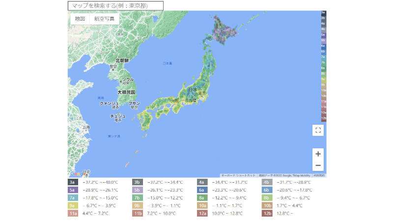 日本の耐寒性ゾーンマップ